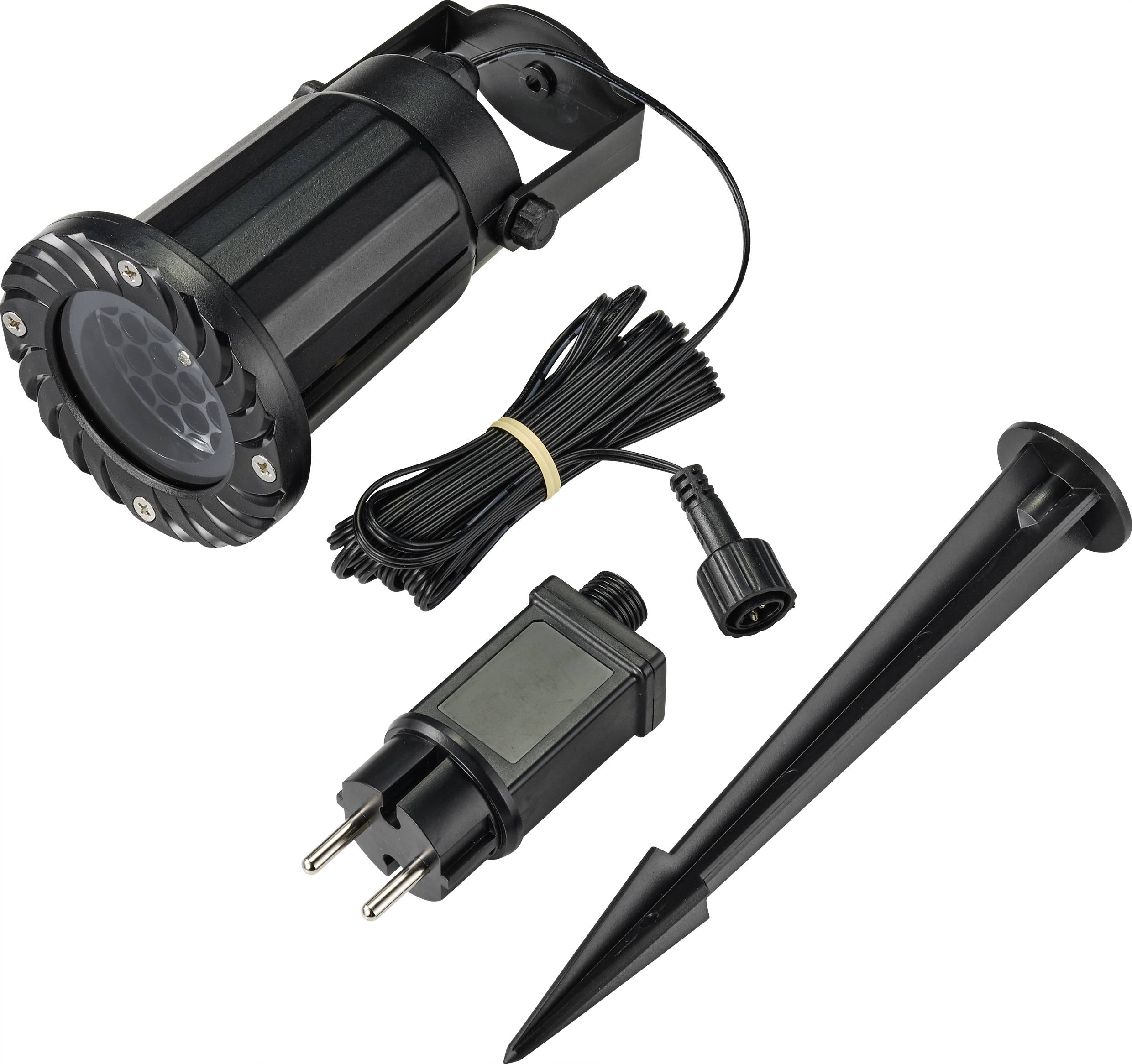 Un projecteur LED noir avec matériel de fixation, câbles et fiche. Adapté aux applications extérieures, par exemple pour l'éclairage de jardin.