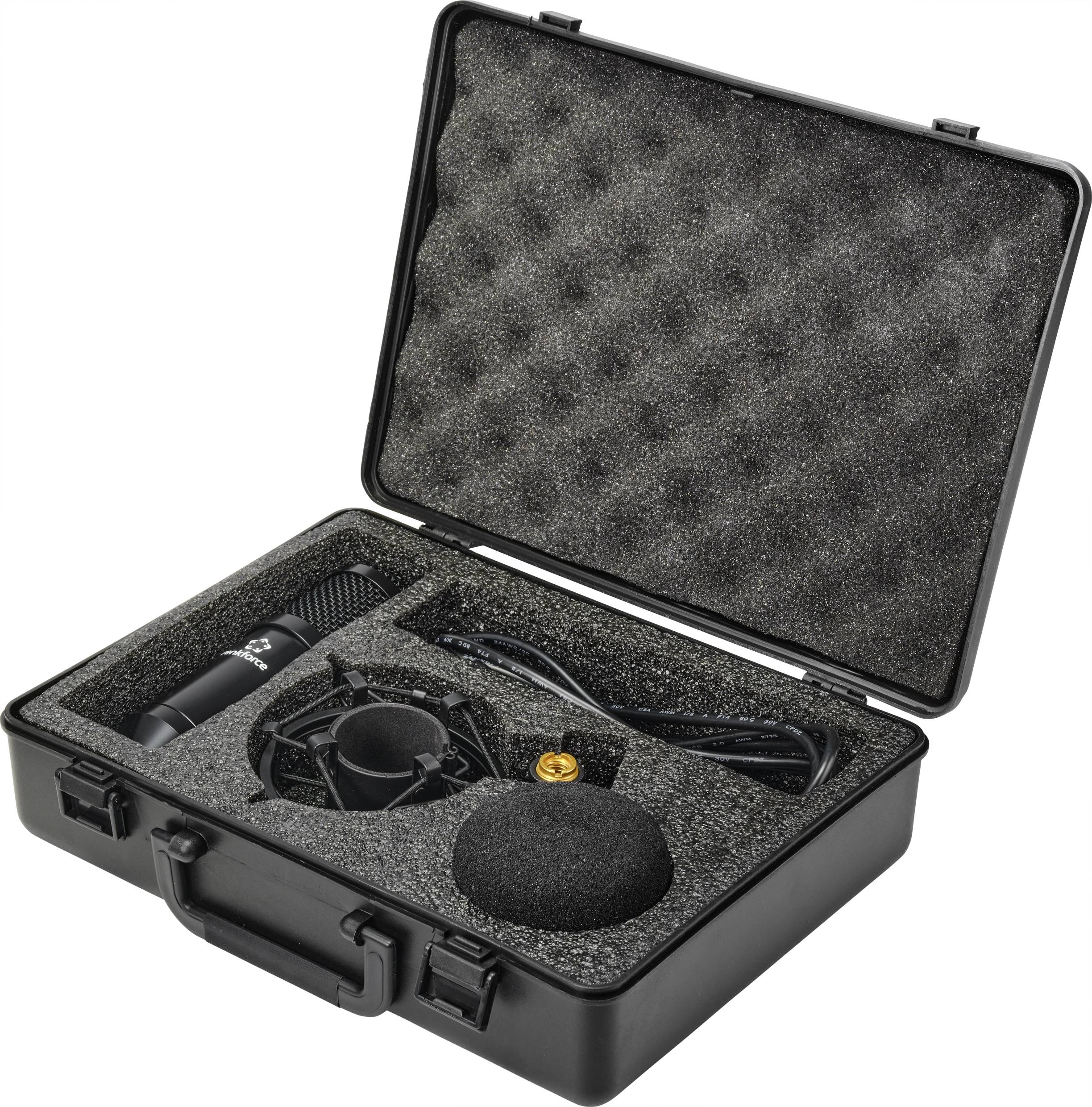 'Valise ouverte avec un intérieur en mousse qui contient un microphone, un support, un câble et une balle.'