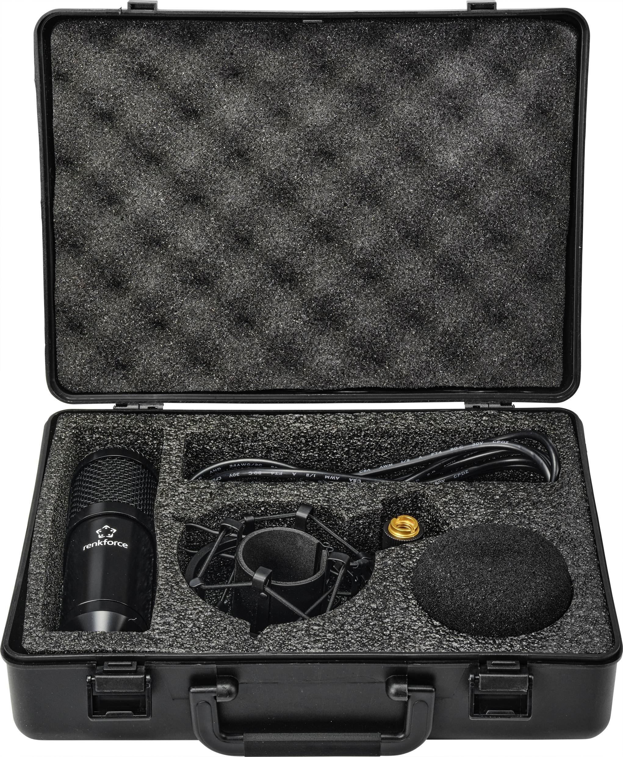 Ensemble de microphone dans un étui noir ouvert, comprenant un microphone, des câbles, une araignée de suspension et une protection en mousse.