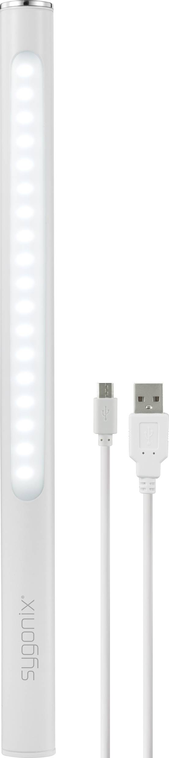 Une lampe LED fine, alimentée par batterie, avec câble de connexion USB, adaptée à divers usages d'éclairage.