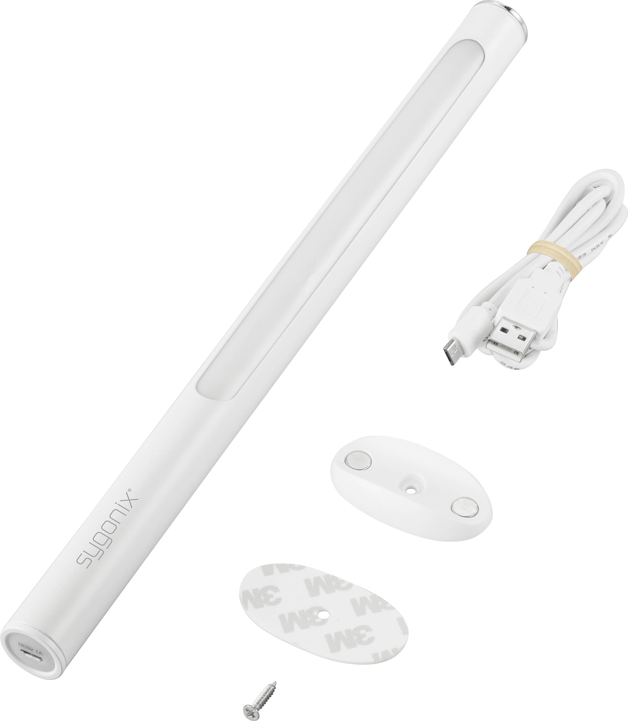 Un barreau lumineux LED avec accessoires : câble USB, support mural avec vis et pad adhésif, sur fond blanc. Marque 'sygonix'.