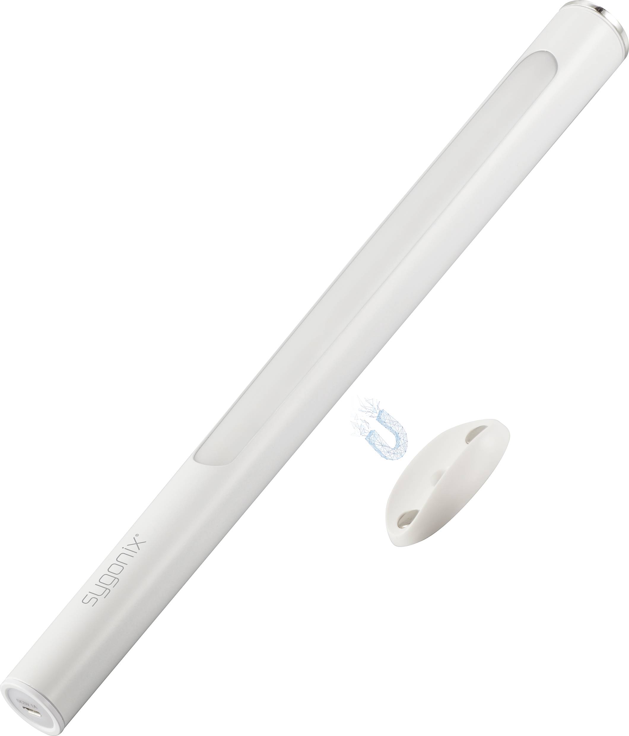 Une longue bande LED blanche avec un petit support arrondi, à côté d'un symbole énergétique bleu.