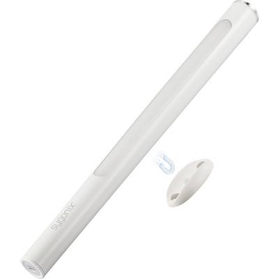 Une longue bande LED blanche avec un petit support arrondi, à côté d'un symbole énergétique bleu.