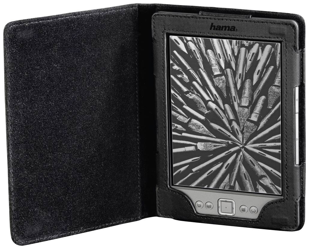 Un étui ouvert contenant une liseuse. L'écran de la liseuse affiche un motif de stylos.