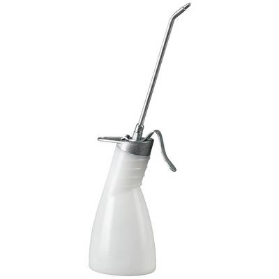 Une burette à huile blanche avec un long tuyau métallique et une poignée à levier, adaptée à la lubrification dans des zones difficilement accessibles.