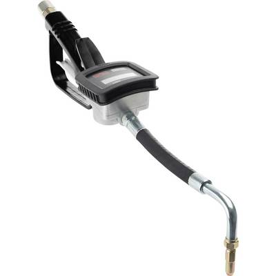 Pistolet de distribution avec débitmètre numérique et bec métallique incurvé, utilisé pour mesurer avec précision la quantité de liquide distribuée.