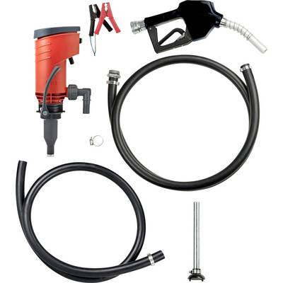 Pompe diesel à batterie avec accessoires : tête de pompe rouge, pistolet de distribution noir, pinces et tuyaux.