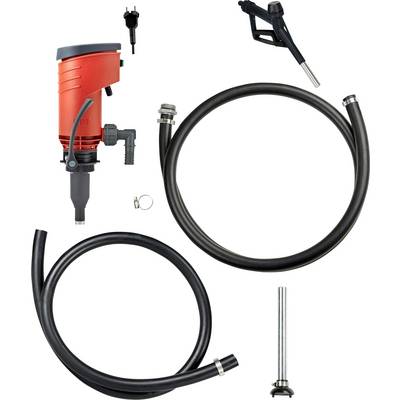 Pompe électrique pour fût avec pompe rouge, deux tuyaux, petit accessoire et pistolet de distribution noir. Idéal pour le transfert de liquides.
