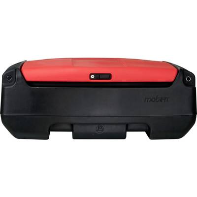 Réfrigérateur mobile rouge et noir, rectangulaire aux bords arrondis, compact et portable pour activités de plein air.