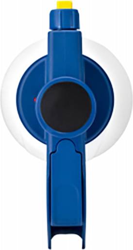 Objet bleu et rond avec un bouton jaune en haut et une surface noire au centre. L'arrière-plan est d'une seule couleur blanche.