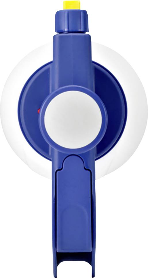 Un pulvérisateur bleu avec un embout jaune et une poignée blanche ronde, positionné verticalement.
