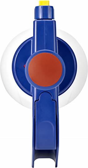 Toupie bleue pour enfants avec un bouton rouge et un sommet jaune, représentée sur un fond blanc.