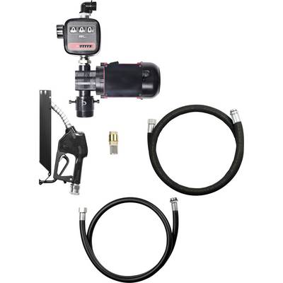 Composants d'un ensemble de pompe à carburant : compteur mécanique, pompe électrique, pistolet de distribution et tuyaux de ravitaillement en carburant.