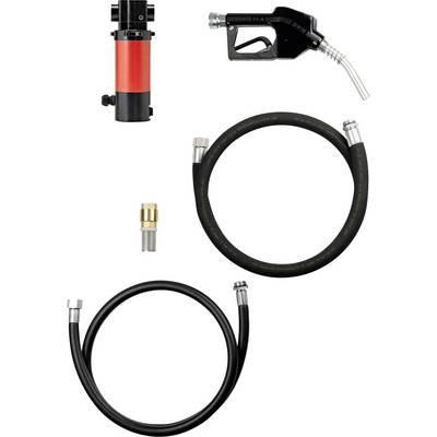 'Ensemble comprenant un pistolet de distribution, une pompe, deux tuyaux et un raccord, adapté pour le transfert de carburant.'