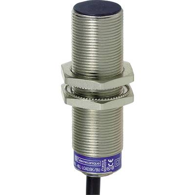 Un capteur de proximité inductif cylindrique à filetage métallique et connexion par câble, destiné à détecter des objets métalliques.