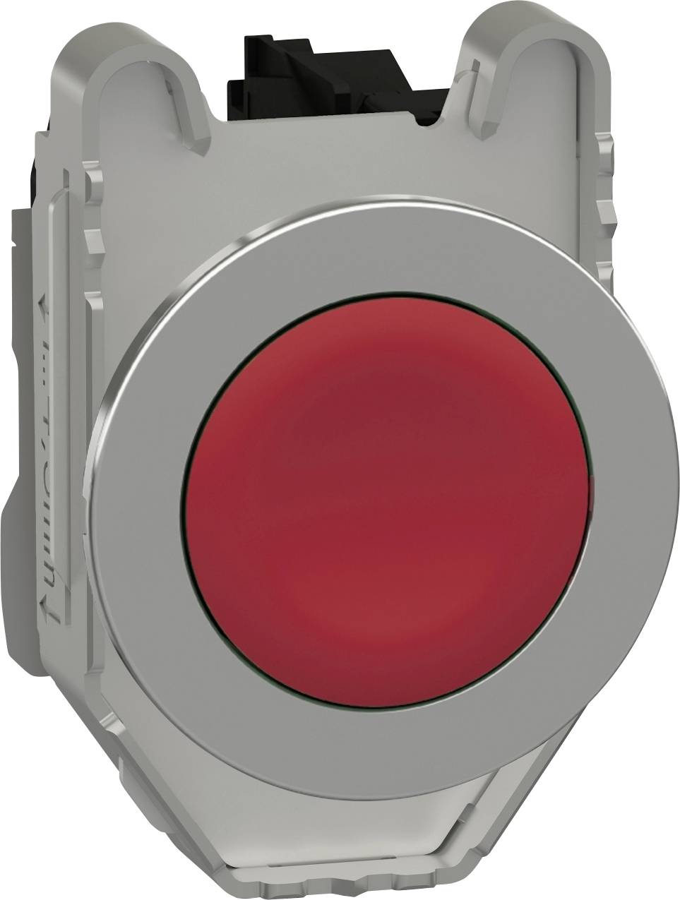 Bouton rond rouge dans un boîtier métallique, utilisé sur les panneaux de commande industriels pour activer ou désactiver des fonctions.
