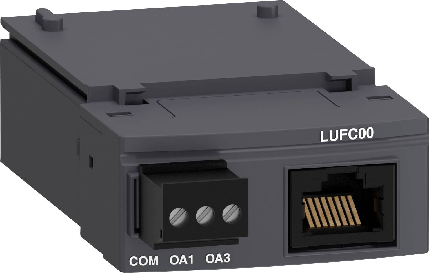 Appareil électronique gris, rectangulaire avec trois ports de connexion sur le côté gauche et un port Ethernet sur le côté droit.
