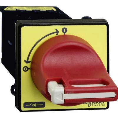 Bouton d'arrêt d'urgence Schneider Electric. Bouton rotatif rouge sur fond jaune avec marquage pour la mise en marche et l'arrêt.