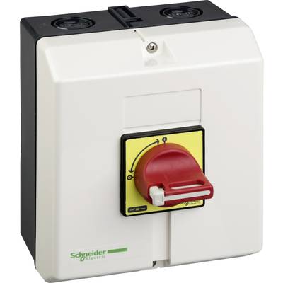 Un commutateur rotatif rouge sur un boîtier blanc, marqué 'ON' et 'OFF'. Il s'agit d'un produit de Schneider Electric.