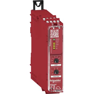 Relais de sécurité rouge de Schneider Electric, modèle XPSUAF, avec indicateurs de statut pour Alimentation, Erreur, État, Démarrage et boutons de commande.