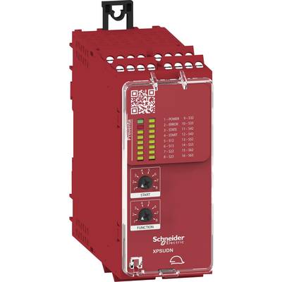 Un dispositif de commande de sécurité rouge de Schneider Electric avec plusieurs indicateurs et interrupteurs, utilisé pour surveiller et contrôler des processus industriels.