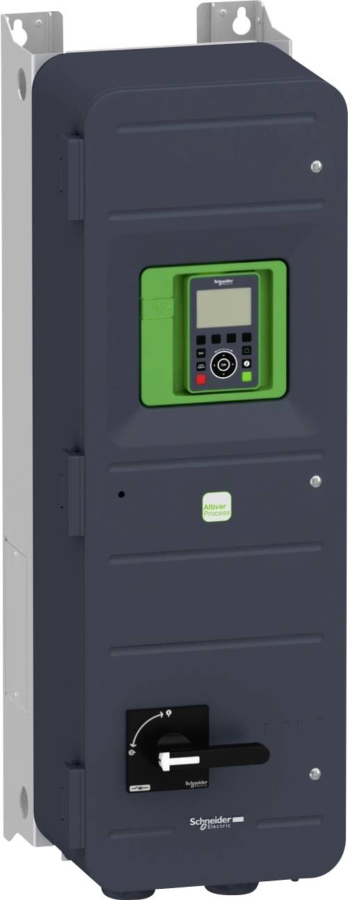 Un armoire électrique noire avec un écran digital vert et des interrupteurs de Schneider Electric.