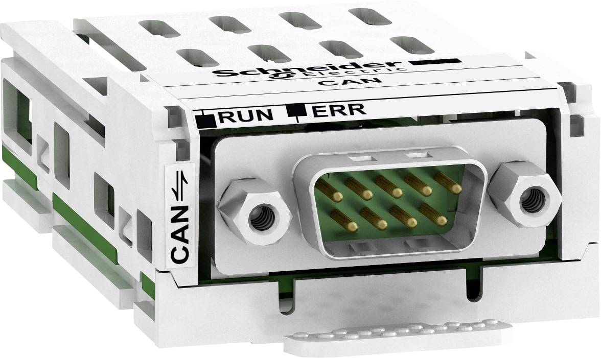 Composant industriel avec connexion CAN de Schneider Electric, identifiable par l'inscription 'RUN ERR', utilisé pour les systèmes d'automatisation.