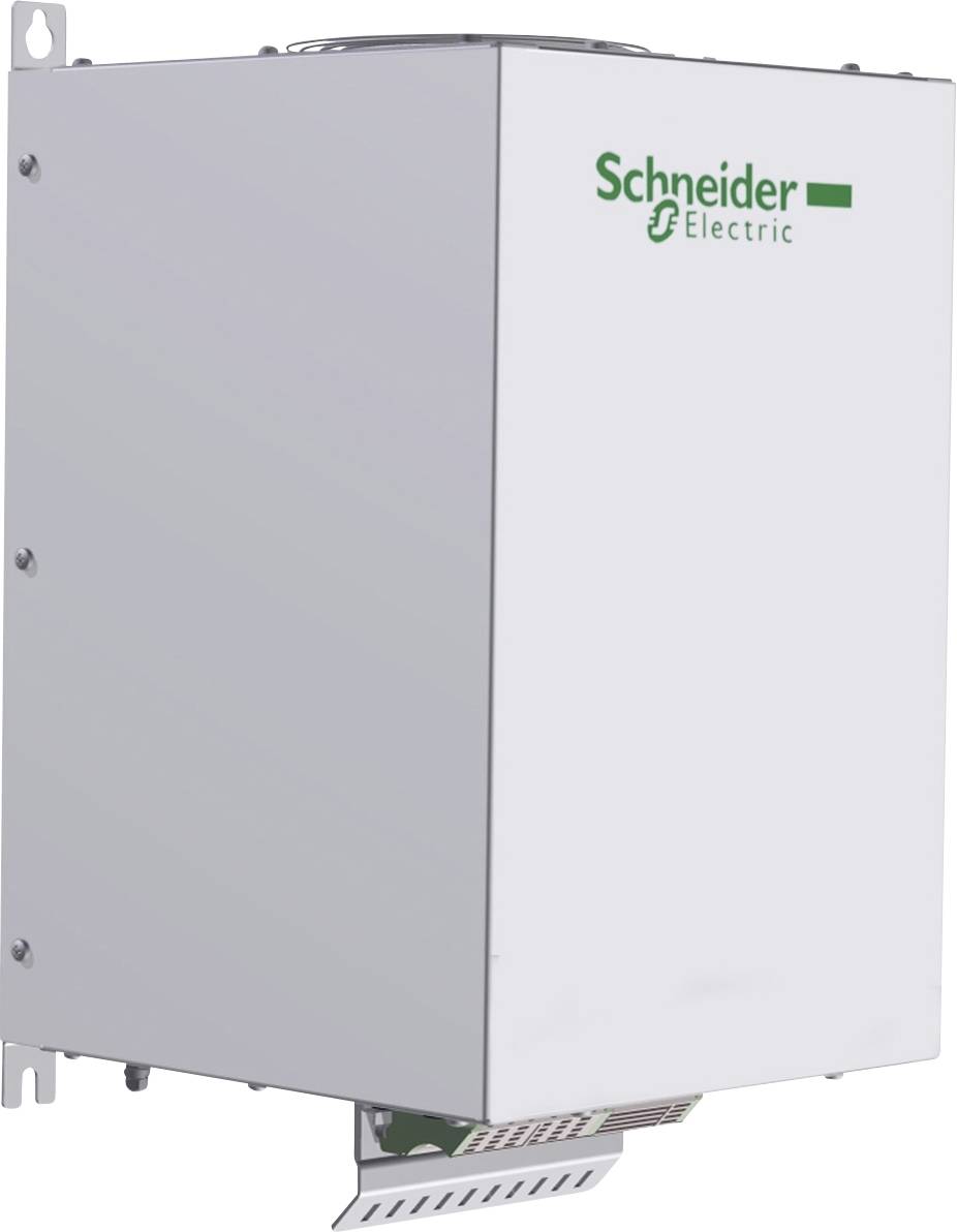 Un boîtier blanc avec le logo vert 'Schneider Electric', élément d'un système électrique, monté au mur.