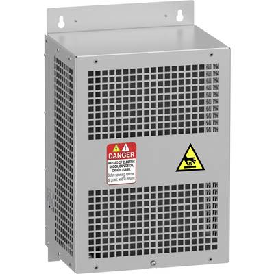 Boîte métallique avec grilles de ventilation et panneaux d'avertissement de dangers électriques sur la face avant.