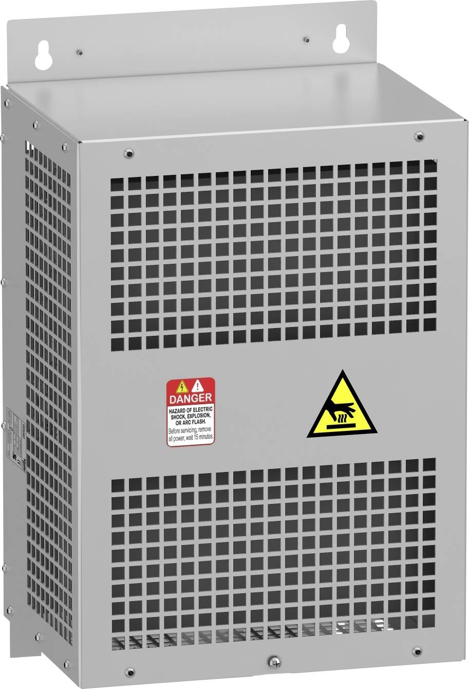 Boîtier métallique avec grilles de ventilation et symboles d'avertissement. Contient un panneau 'Attention' et un symbole d'avertissement électrique.