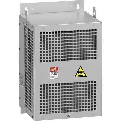 Boîtier métallique à grille avec avertissements de danger et de tension, monté sur un mur, pour la ventilation d'équipements techniques.