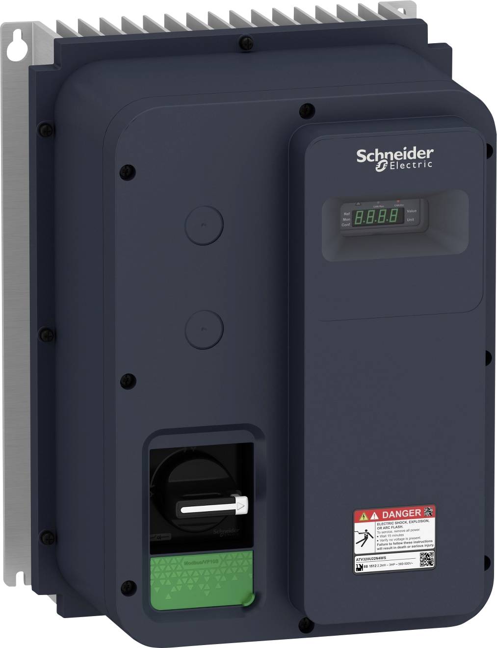Variateurs de fréquence industriels de Schneider Electric avec affichage intégré et avertissement, pour le contrôle des moteurs électriques.