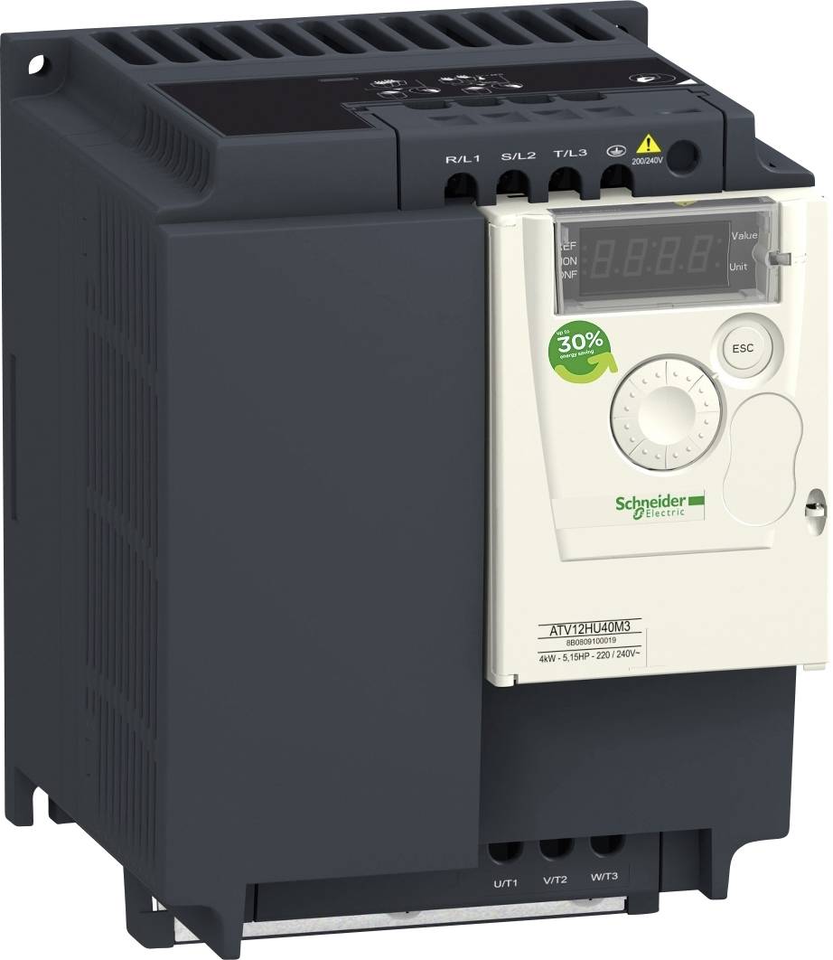 Variateur de fréquence industriel dans un boîtier gris avec des boutons de commande et un affichage, logo Schneider Electric sur le panneau de commande blanc.