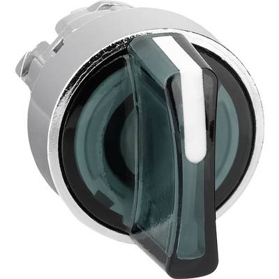 Un bouton rotatif rond bicolore avec un marquage en forme de flèche. Le bouton a une base métallique et une surface vert transparent.