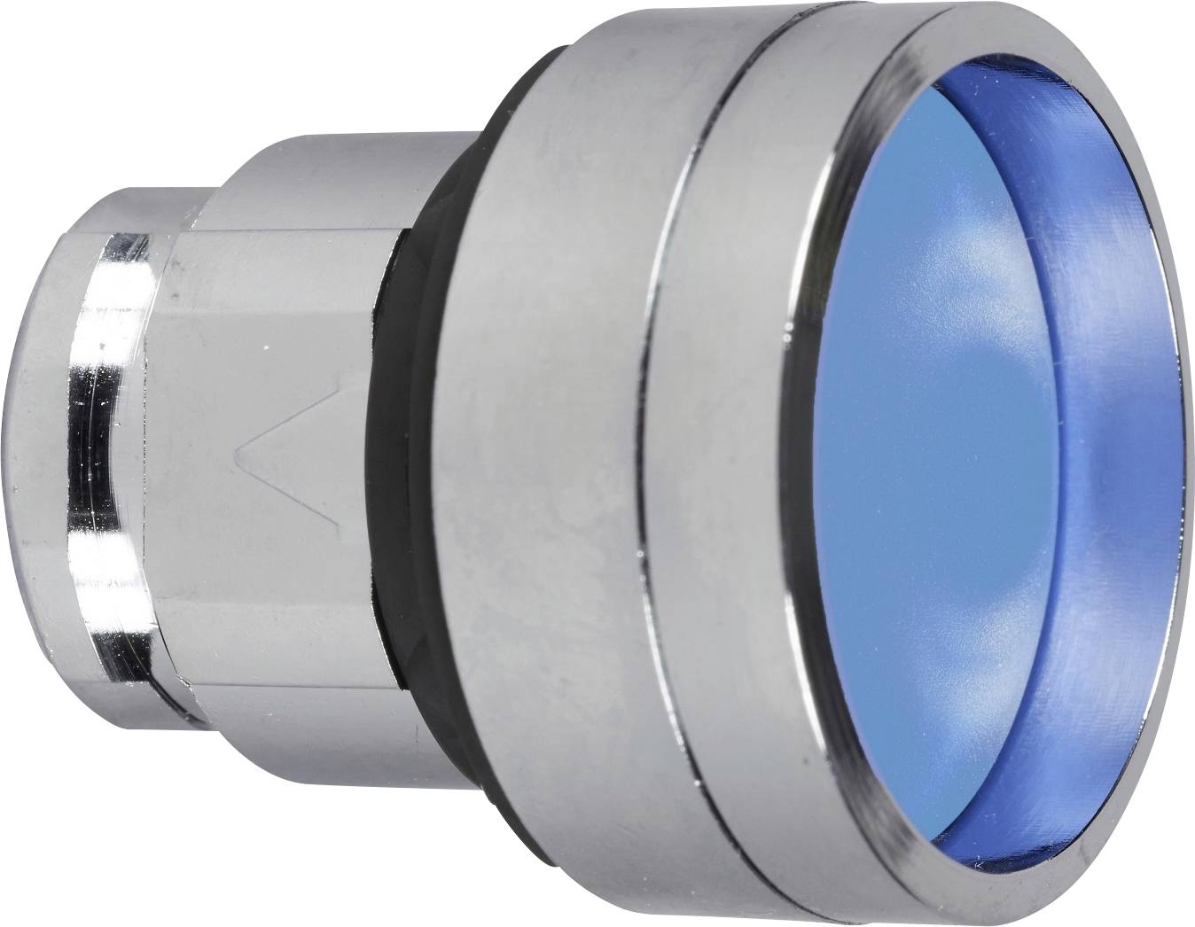 Bouton rond argenté avec un centre bleu, adapté pour des applications mécaniques, placé sur un fond blanc.