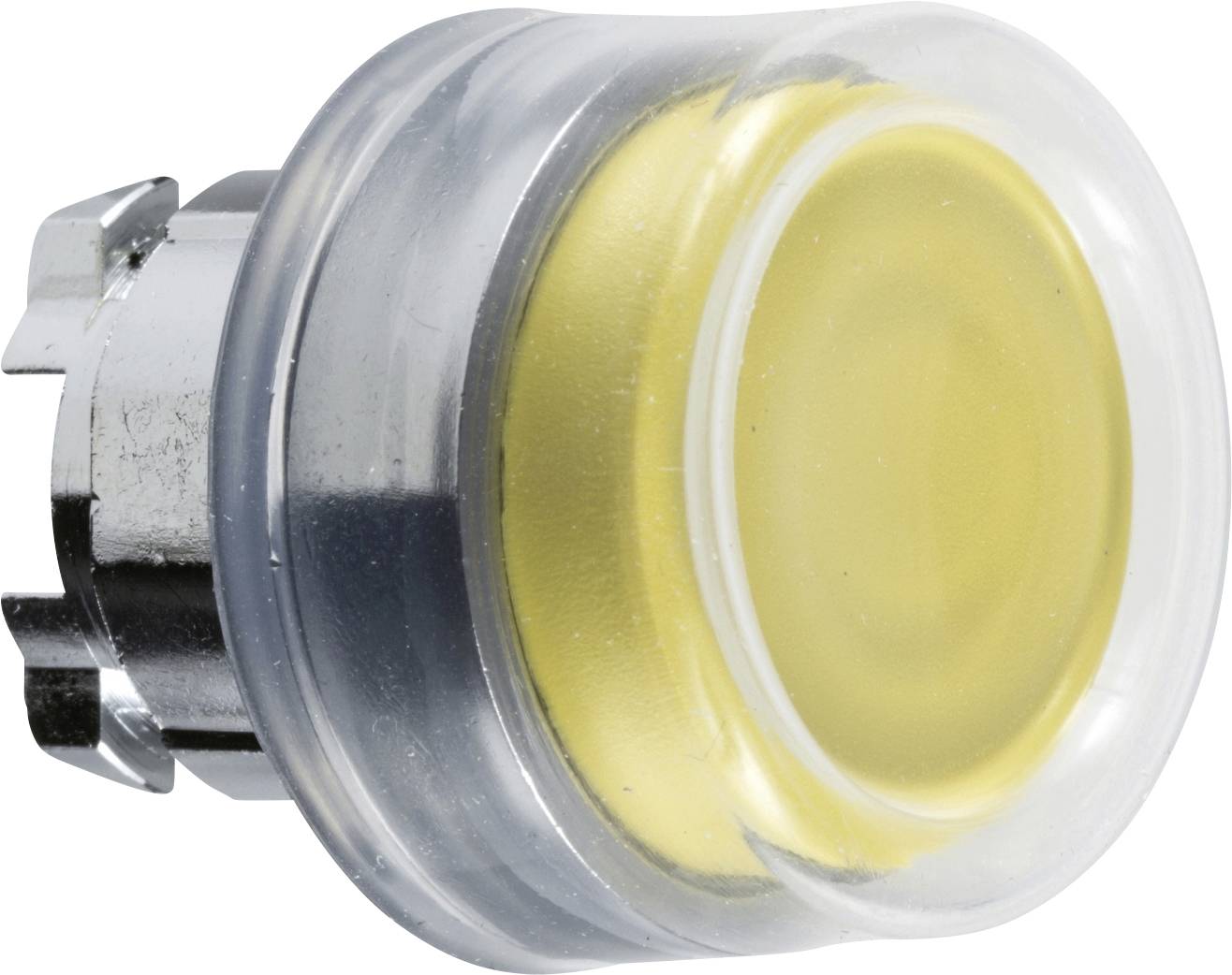 Un bouton rond jaune avec un boîtier transparent et un dos métallique, probablement un bouton-poussoir pour des applications techniques.