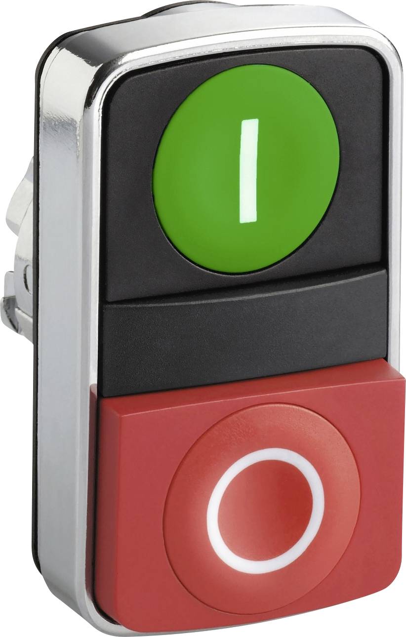 Un bouton vert de mise en marche ('Marche') et un bouton rouge d'arrêt ('Arrêt') sur un élément de commande rectangulaire utilisé pour le contrôle d'appareils.