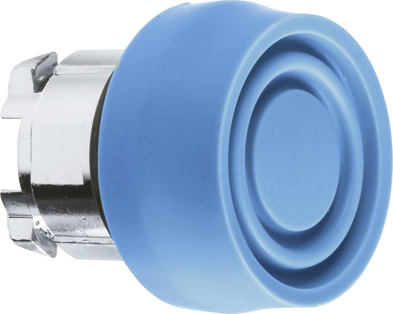 Bouton-poussoir bleu avec socle argenté, probablement un composant d'un appareil électronique ou d'un interrupteur.