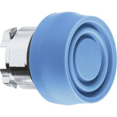 Bouton-poussoir bleu avec socle argenté, probablement un composant d'un appareil électronique ou d'un interrupteur.