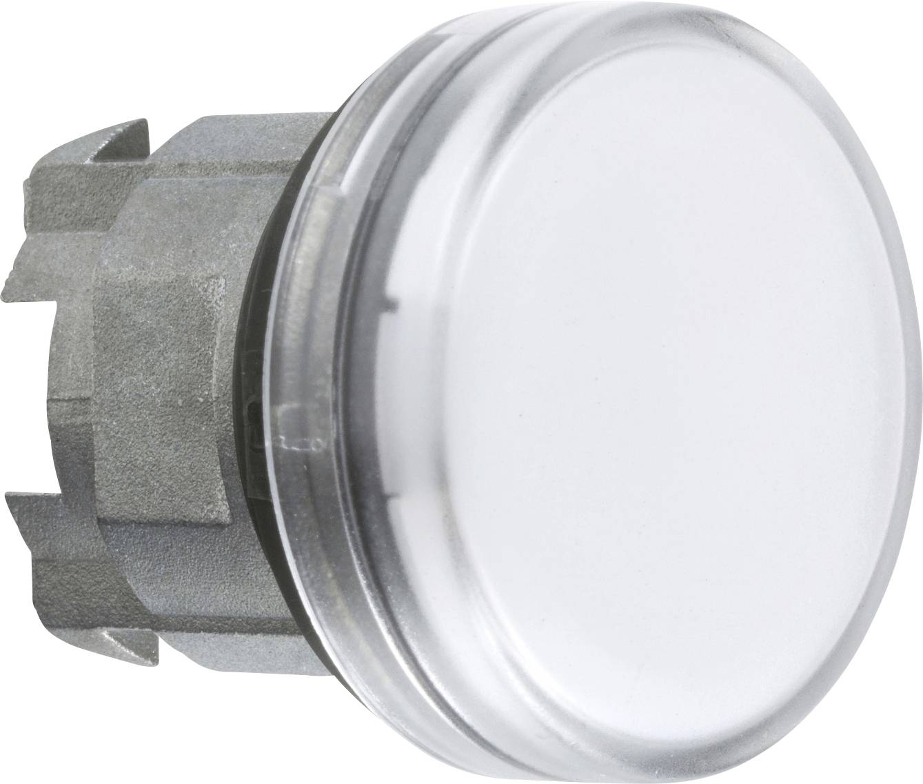 Bouton-poussoir rond, blanc, avec un cadre argenté. Utilisé dans les machines ou les appareils pour un contrôle manuel par pression.