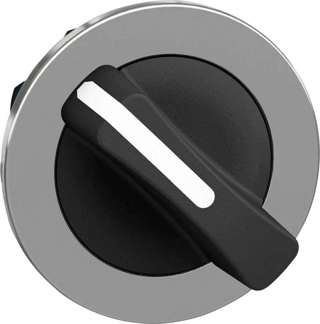Interrupteur rotatif noir avec bordure argentée en position médiane. Utilisé pour commander des appareils électroniques ou des machines.