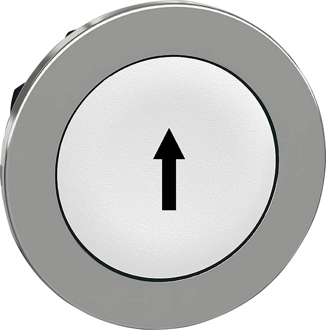Un bouton rond avec une flèche noire pointant vers le haut sur un fond blanc, probablement un bouton d'ascenseur pour la direction 'montée'.