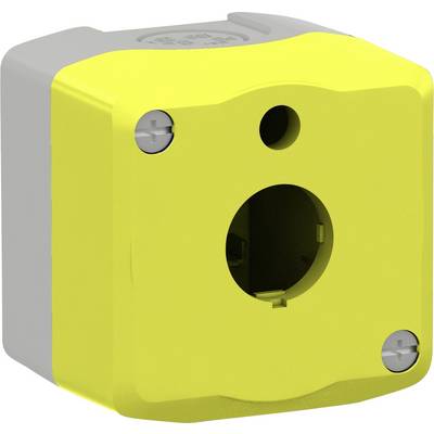 Un boîtier électrique jaune avec des trous de vis dans les coins et une ouverture centrale pour le montage, sur un fond gris.