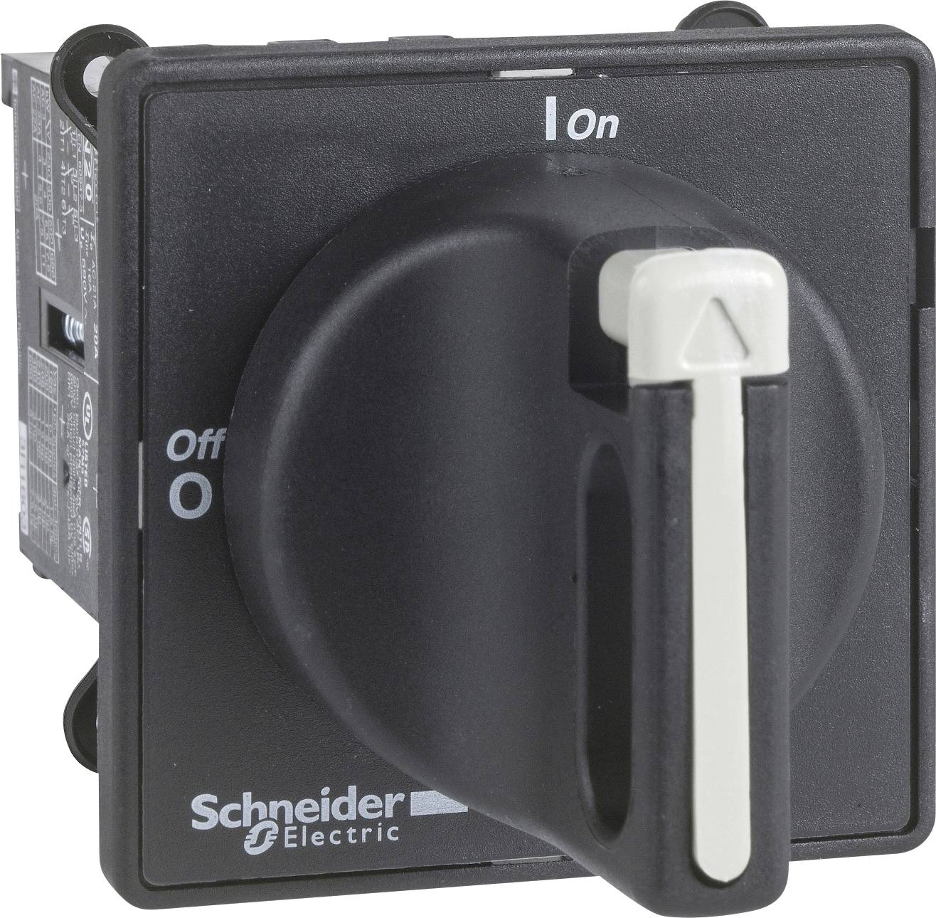 Un interrupteur rotatif noir de Schneider Electric. Les positions 'Off' et 'On' sont indiquées, le levier étant sur 'Off'.