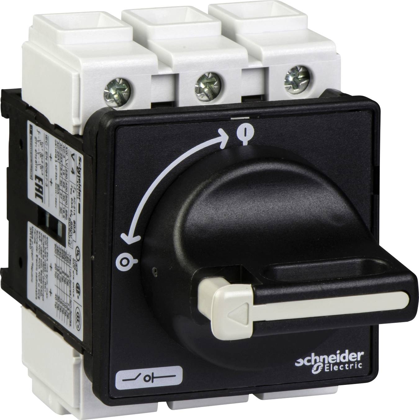 Interrupteur rotatif de Schneider Electric, noir, pour la gestion des circuits électriques. Comprend des symboles Marche/Arrêt.