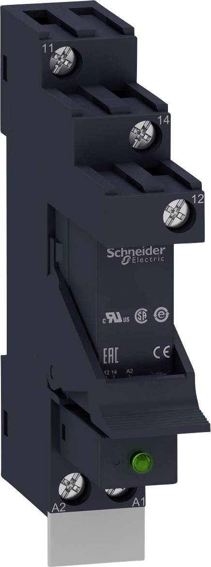 Un relais électrique de Schneider Electric avec plusieurs bornes à vis et un indicateur LED vert. Orienté verticalement.