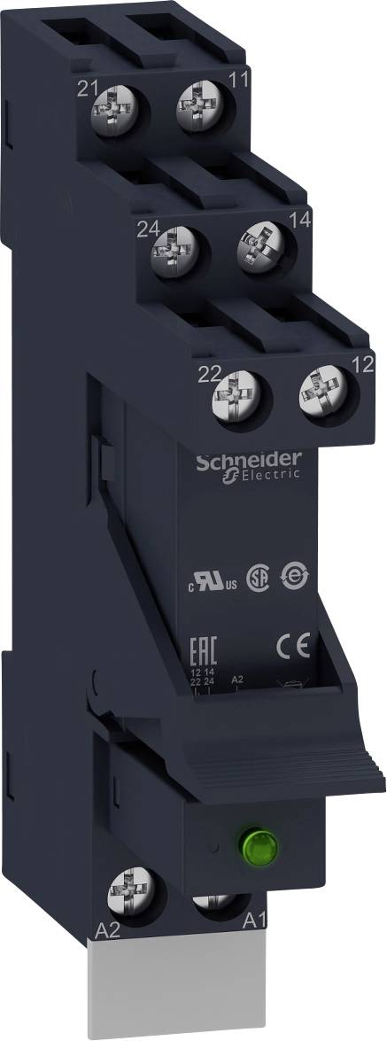 Un interrupteur électrique noir de Schneider Electric avec un indicateur de statut vert, présentant des connexions en haut et en bas, adapté pour les systèmes de commande.