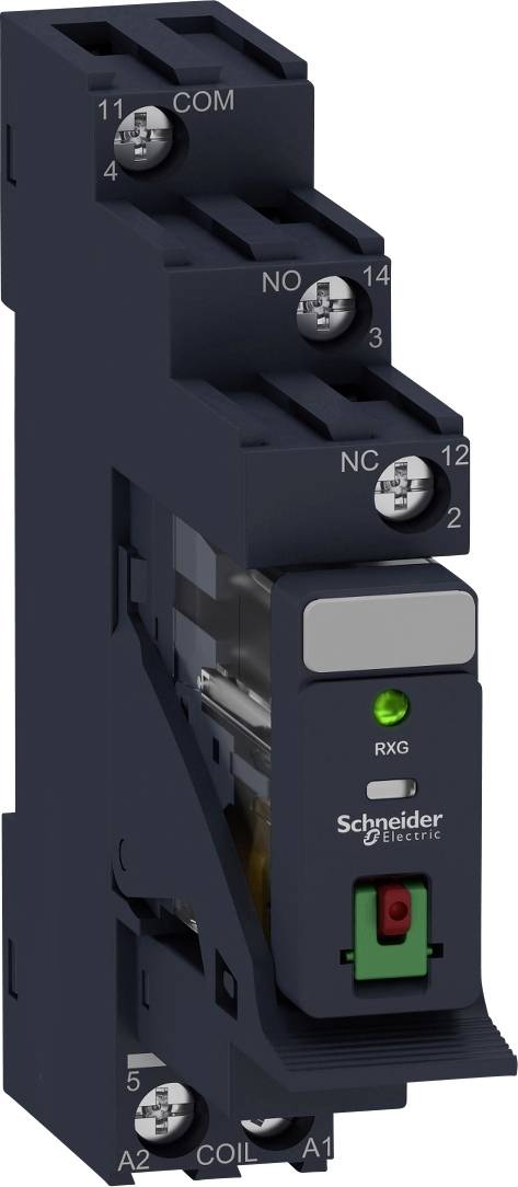 Relais de Schneider Electric avec indicateur LED vert et emplacements étiquetés.