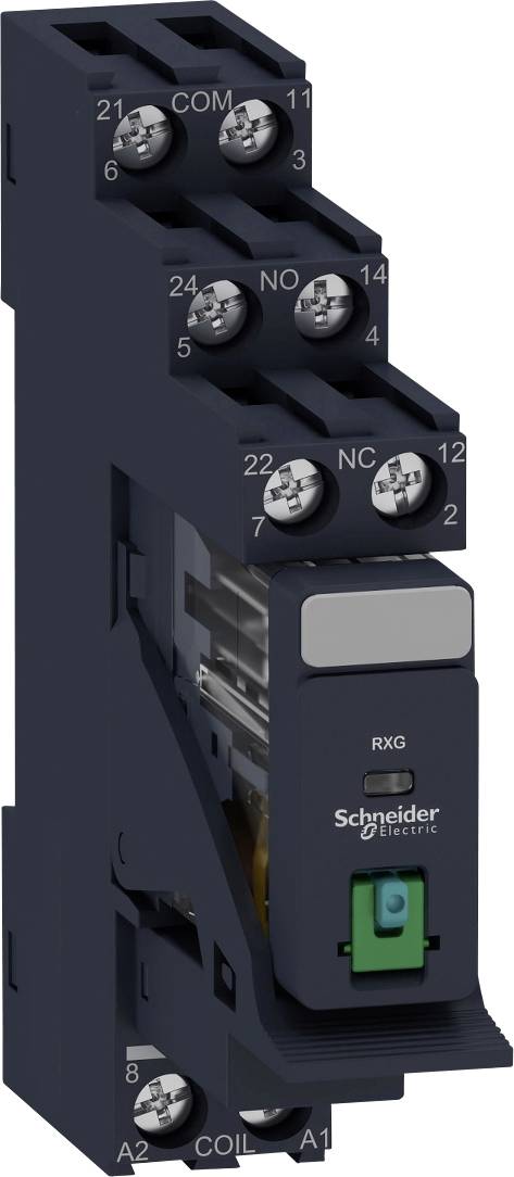 Un relais de Schneider Electric, de couleur gris foncé avec une structure dissimulée, doté de plusieurs bornes de connexion en haut et portant l'étiquette 'RXG'.