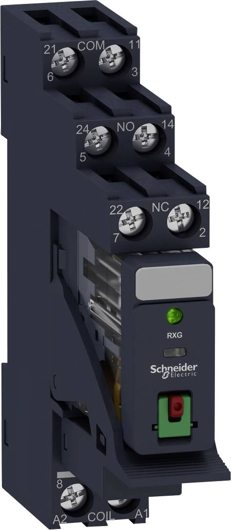 Un relais électronique de Schneider Electric avec des bornes de connexion marquées et un voyant LED vert allumé.